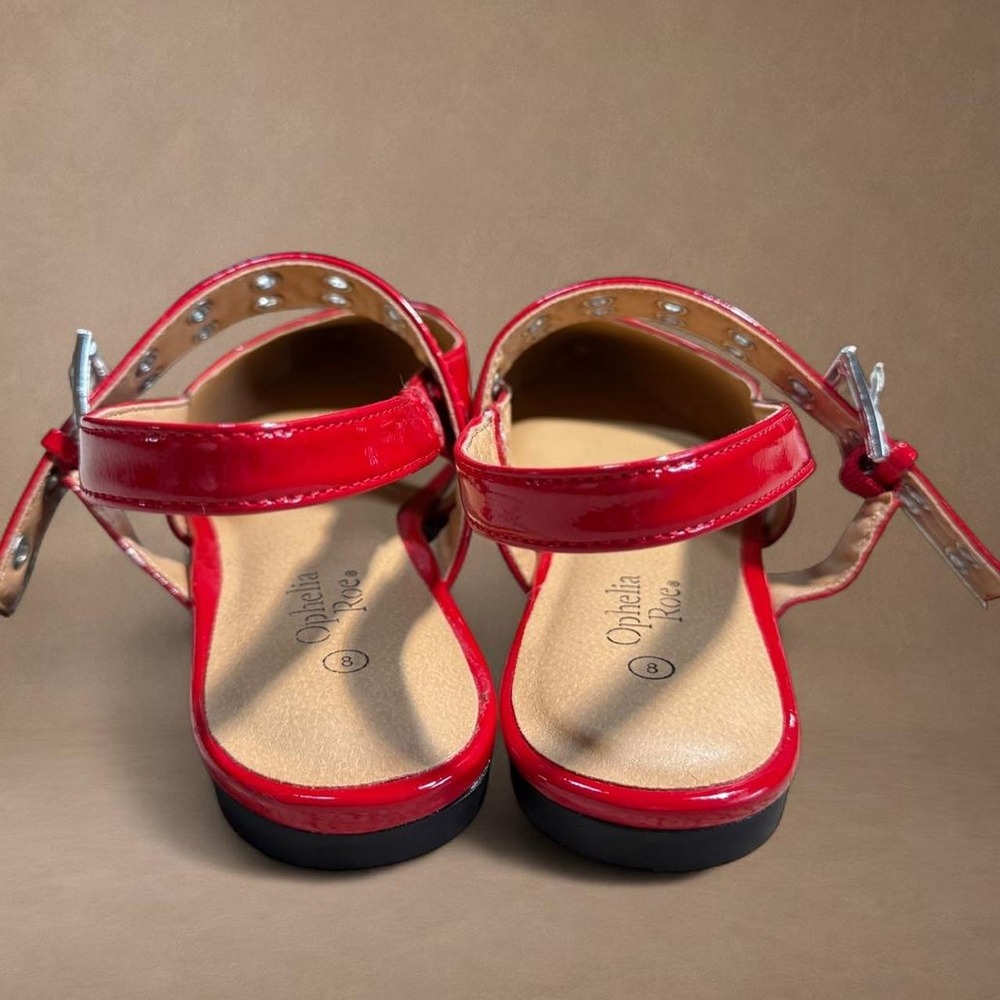 Red Patent Mary Jane Flats Pointed Toe Studded Buckle Slingback Shoes Size 8 - Picture 3 of 4